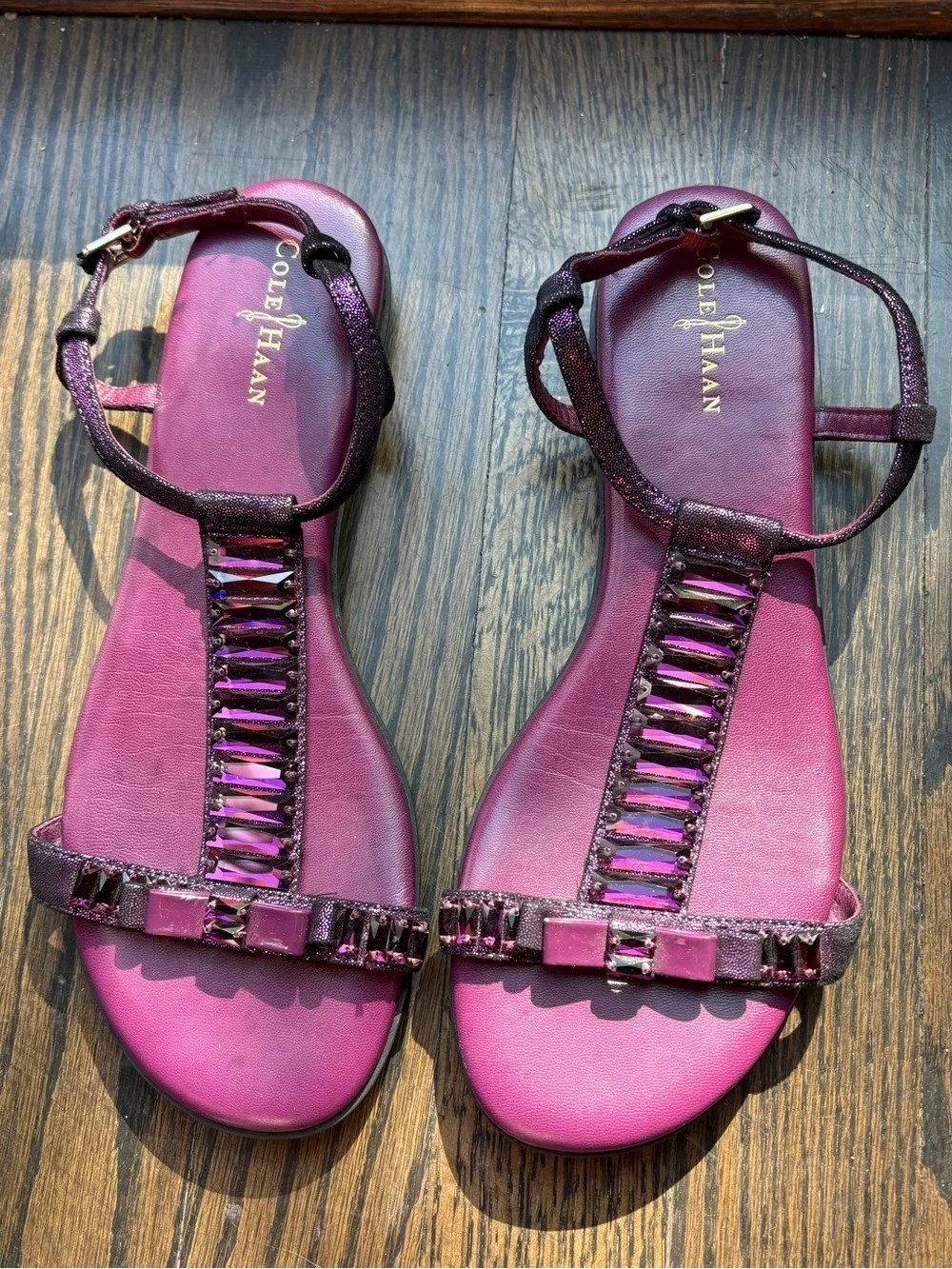 Cole Haan Nike Air Jeweled T-Strap Sandals Plum Purple Metallic Size 6.5B